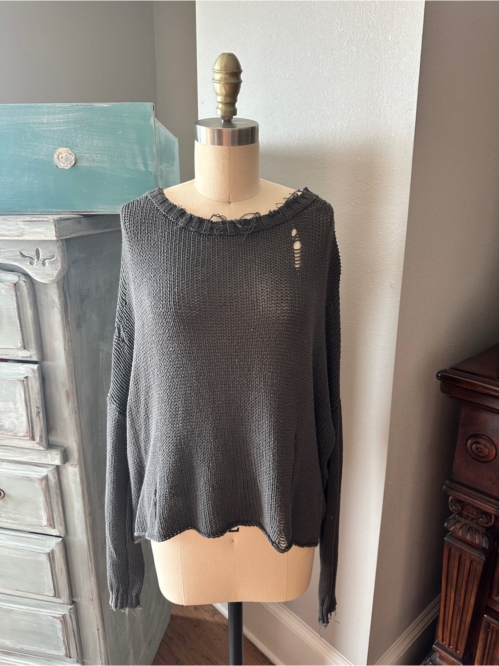 Wooden Ships Charcoal Distressed Light Weight Sweater